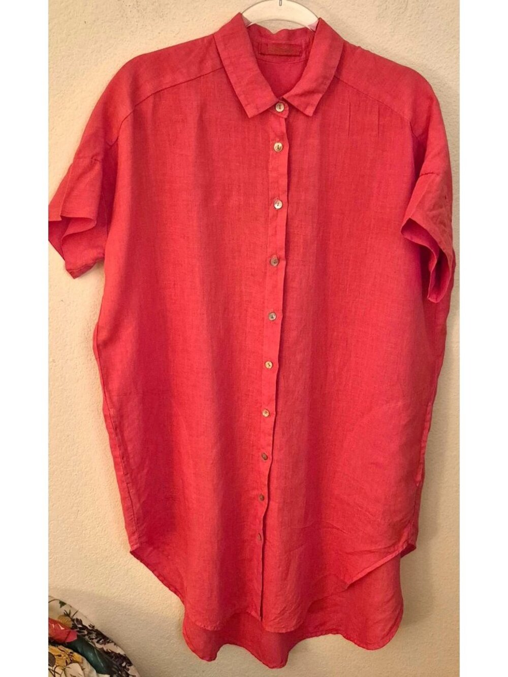 Cut Loose Coral 100% Linen Short Sleeve Lagenlook Tunic Dress Pockets Size L EUC